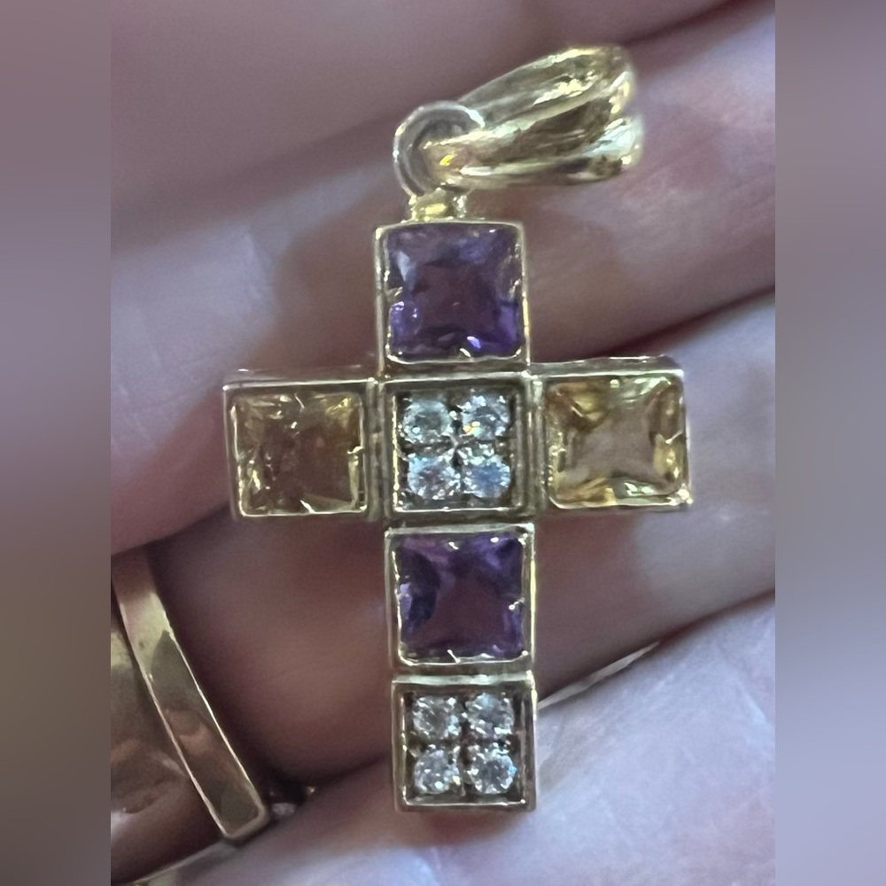 Amethyst Citrine White Sapphires 14k Solid Gold Block Setting Cross Pendant 5.58